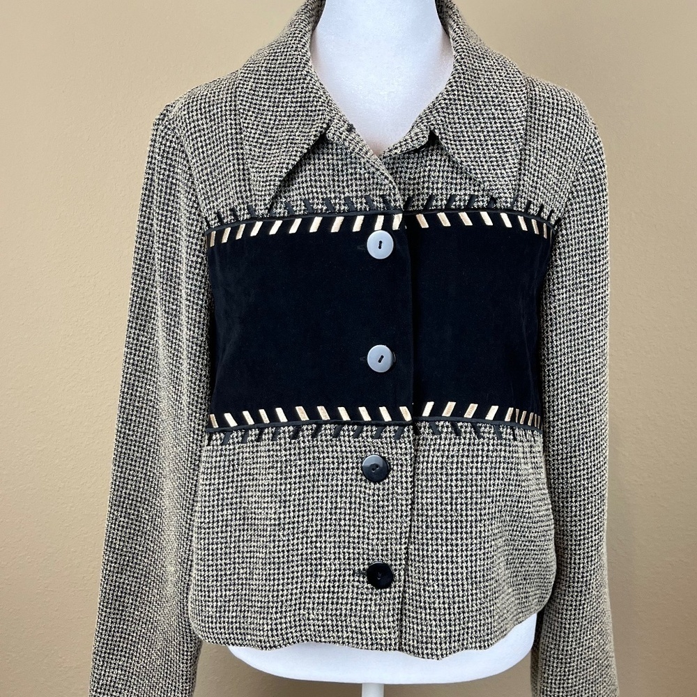 Donna Ricco Black/Tan Check Cropped Blazer Button Up